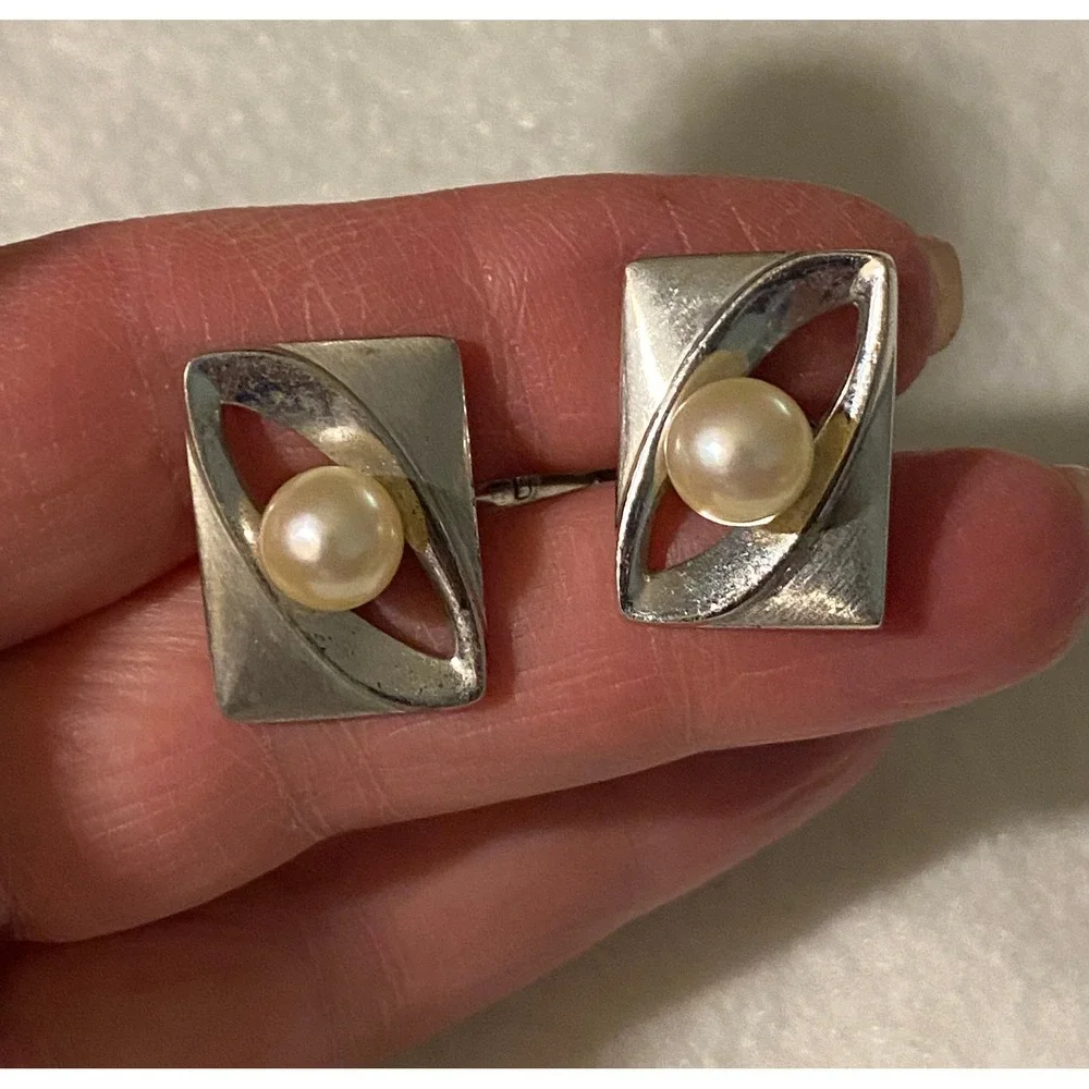 Mid Century Modern Sterling Cuff Links w/ 8 mm Genuine Pearls